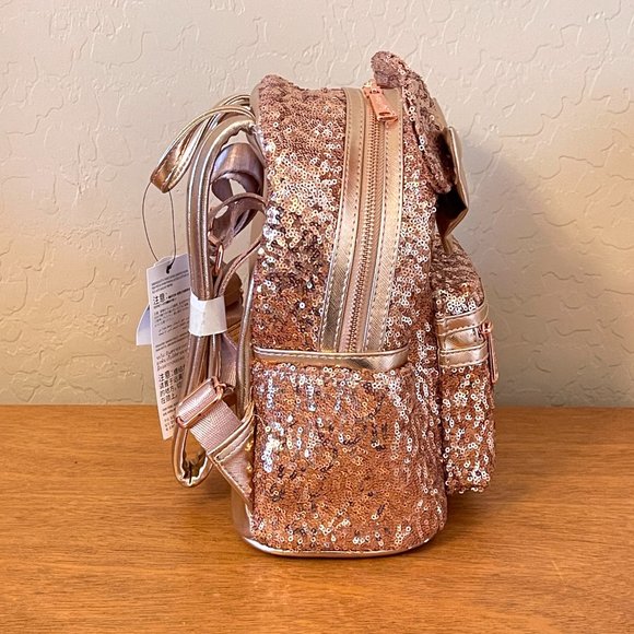 New Disney Parks Loungefly Backpack Bag Rose Gold Sequin NWT - Picture 4 of 7